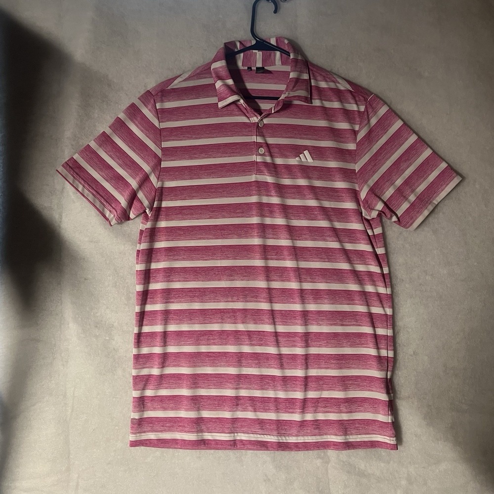 Adidas Stripe Performance Golf Polo Pink White 100% Polyester Size Small